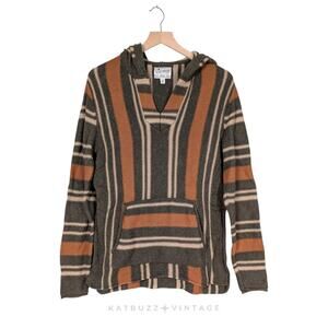 Y2K Lucky Brand Baja Hoodie Sweater Mens M Green Orange Stripe Grunge Pocket